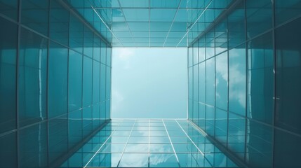 Obraz premium A clear sky seen through the geometric framework of a modern blue glass building, emphasizing architectural design and symmetry.