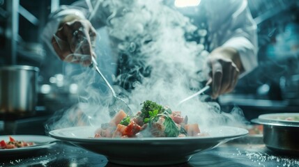 Professional chef skillfully prepares a steaming dish in a bustling restaurant kitchen, highlighting culinary expertise and creativity in a dynamic environment.