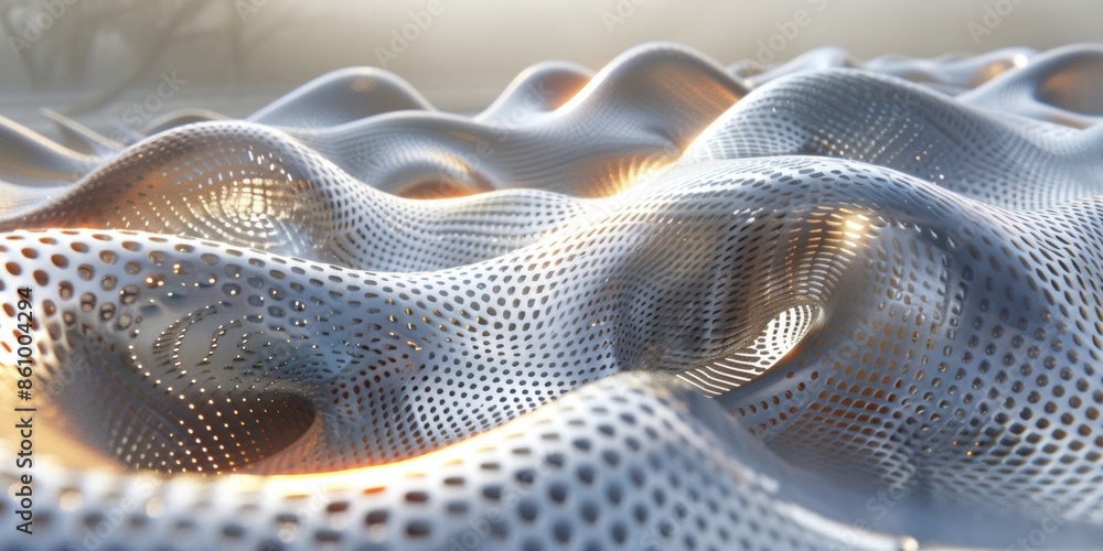 Poster a close-up of a wavy, perforated metallic surface with light reflections, creating a futuristic and 
