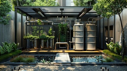 Sustainable back office design featuring rainwater harvesting setup, detailed view of tanks, pipes, and filtration for conserving water