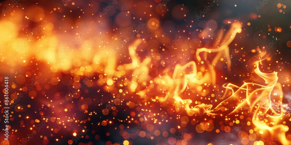 Poster abstract image featuring bright flames and glowing bokeh light particles on a dark background, creat