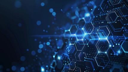 Fototapeta premium Tech Connections: Dark Blue Background with White Hexagons and Digital Data Symbols, Ideal for Technology Banner