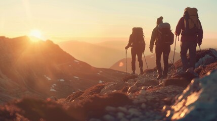 Obraz premium Hikers trekking a mountain trail at sunrise, silhouetted against a glowing horizon, capturing the essence of adventure and nature.