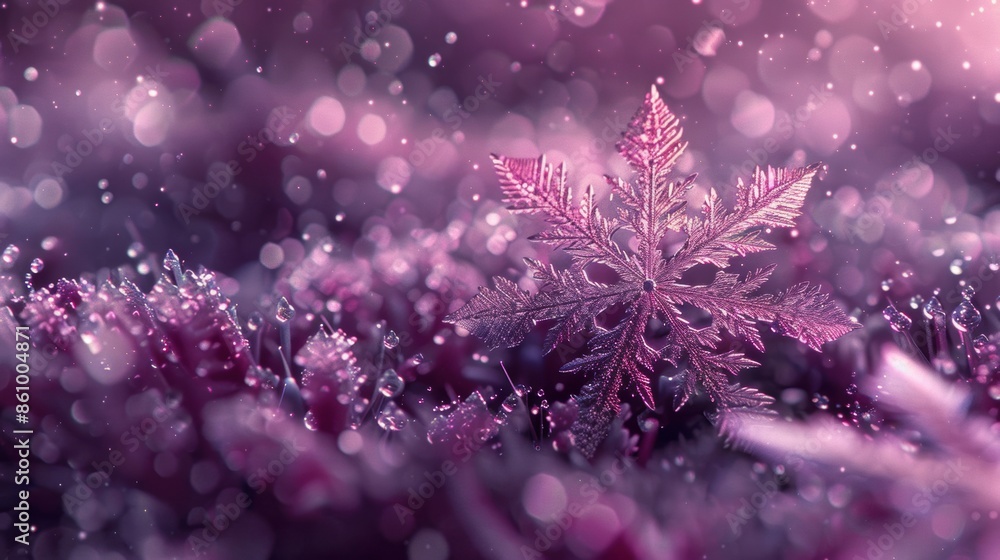 Aufkleber intricate purple snowflake resting on a frosty surface with a bokeh effect, symbolizing winter's bea