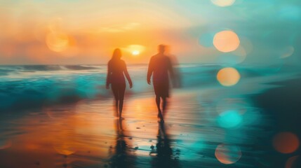 Silhouetted couple walking along the beach during a vibrant sunset, with colorful bokeh lights creating a romantic, serene atmosphere.