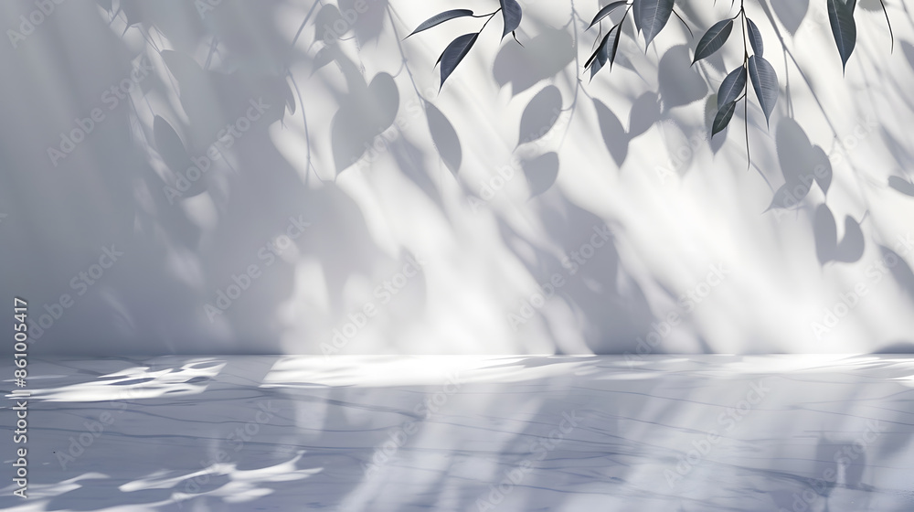 Fototapete Minimalistic light background with blurred foliage shadow on a light wall Beautiful background for presentation with with marble floor : Generative AI