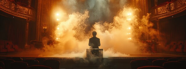 A disappearing act with a puff of smoke and the magician vanishing from a locked box on stage.