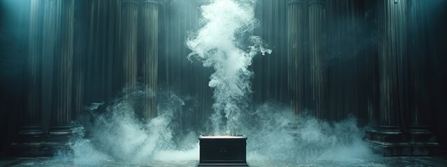 A disappearing act with a puff of smoke and the magician vanishing from a locked box on stage.