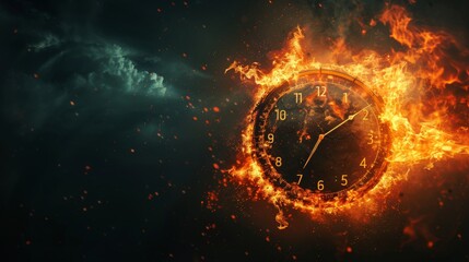 Obraz premium Visual concept of a burning earth clock with a countdown timer, fiery destruction in dark space, emphasizing urgency and danger