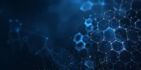 Tech Connections: Dark Blue Background with White Hexagons and Digital Data Symbols, Ideal for Technology Banner