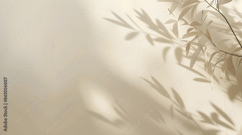 Poster Minimalistic abstract gentle light beige background for product presentation with light andand intricate shadow from the window and vegetation on wall : Generative AI