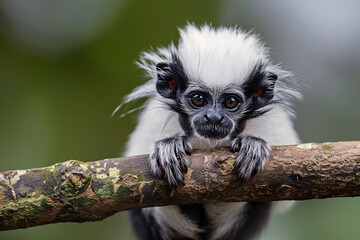 Pied Tamarin holding tree branch