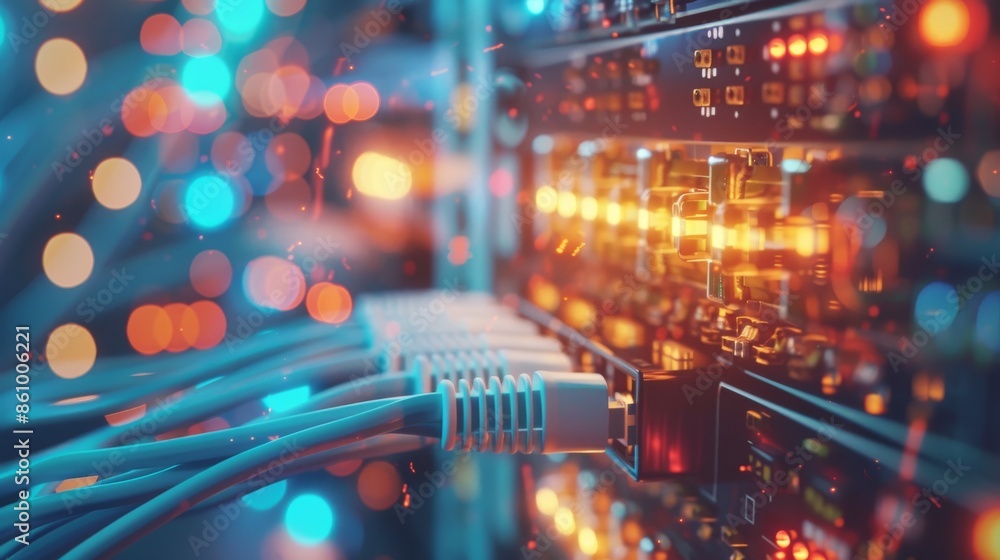 Poster server rack with network cables and colorful bokeh lights