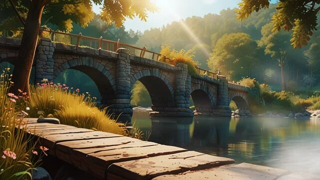 Stone bridge with river and beautiful grass, in smooth looping background with 4K video animation.