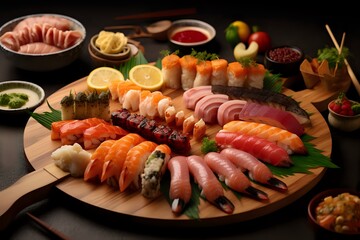 A platter of assorted sushi rolls and sashimi on a wooden board with lemon wedges and green leaves.