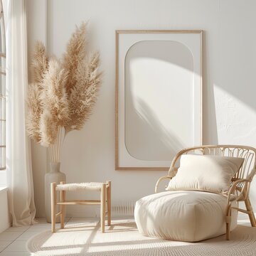 Warm And Serene Nook Featuring A Wicker Chair, Large Mirror, And Tall Pampas Grass