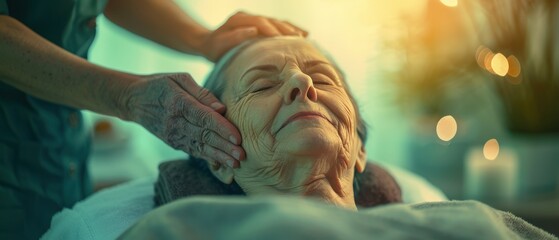 Elderly Woman Enjoying a Relaxing Head Massage at a Spa with Warm Ambient Lighting