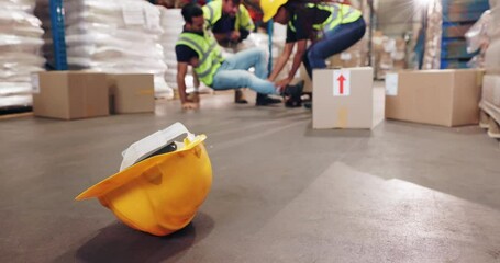 Engineer, team and injury with safety at warehouse in logistics, supply chain or distribution at depot. Group of employees helping colleague with helmet and boxes from fall or accident at storage