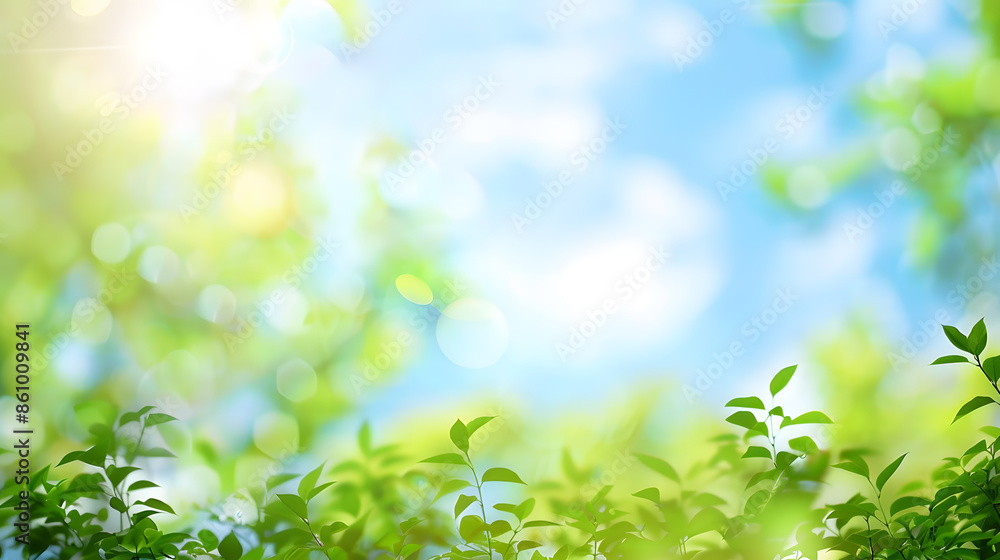 Poster Beautiful blurred background image of spring nature with surrounded by trees against a blue sky with clouds on a bright sunny day : Generative AI