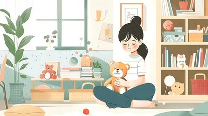 Girl Sitting With Teddy Bear in a Cozy Room