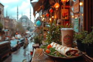 Fototapeta premium Delicious Chicken Wrap Served on a Wooden Table in an Urban Cafe Setting
