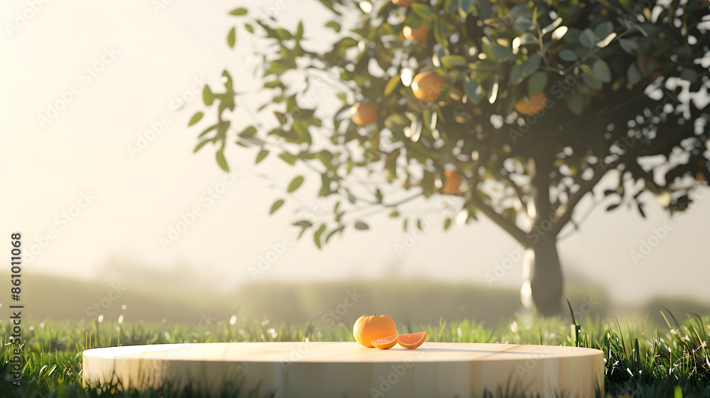 Poster tree table wood podium in farm display for food perfume and other products on nature background tabl