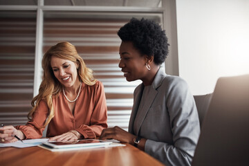 Business woman, teamwork and meeting with documents, paperwork or data analysis of financial report...