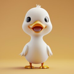 White duckling Cartoon, IP image, cute, cotton, small feet, simplified version, 3D design, rendering effect, solid color background.