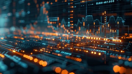 Obraz premium High-tech digital interface showcasing data visualization, analytics, and futuristic technology in a modern, dynamic environment.