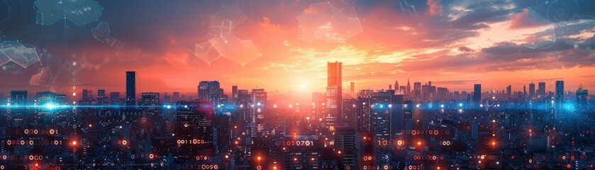 A breathtaking panoramic view of a city skyline at sunset with a digital overlay, showcasing modern architecture and vibrant urban life.