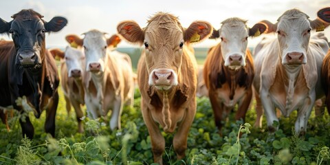 A group of cows with tags in their ears standing in a field