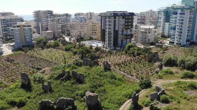 Naula ancient city and Mahmutlar and Kargicak - aerial panoramic view on day. Turkey. High quality 4k footage