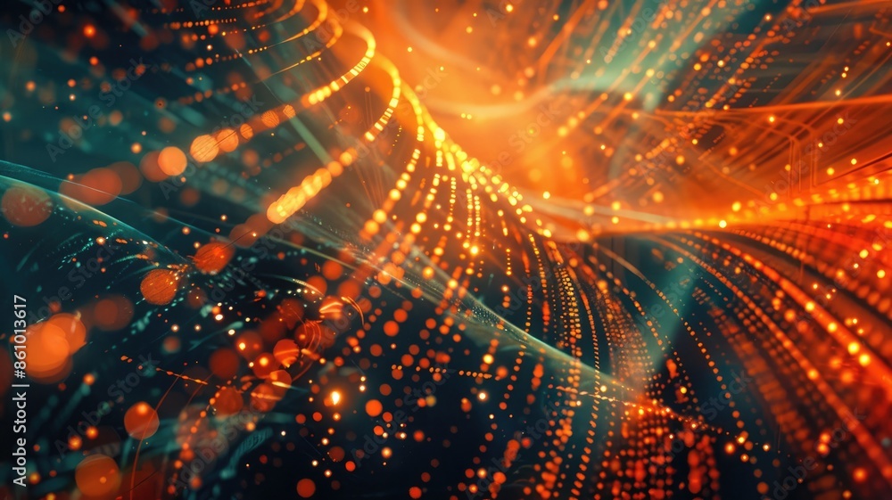Poster abstract orange light waves with bokeh effect on a dark background. abstract design or digital artwo