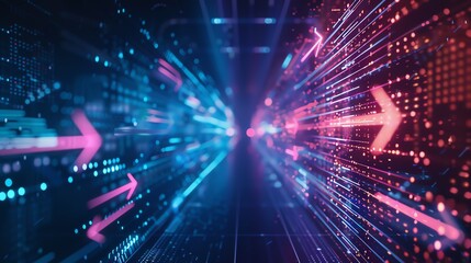 Fototapeta premium Background close up photorealistic Arrows and Flow Lines Connecting network , glow colors, neon color, long exposure, banner 16:9