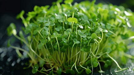 Obraz premium Lush garden cress sprouts, freshly harvested, showing vibrant green colors and healthy growth, ready to eat
