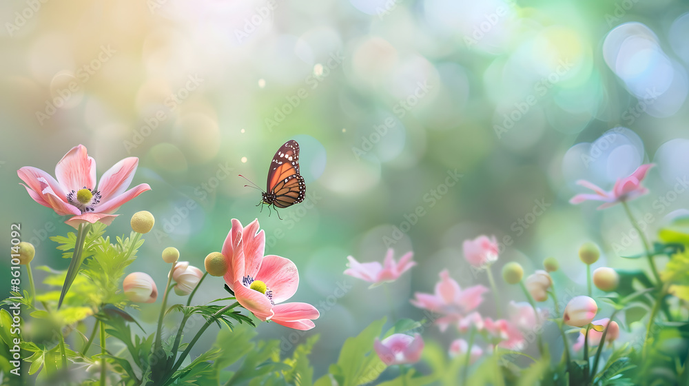 Poster beautiful pink flower anemones fresh spring morning on nature and fluttering butterfly on soft green