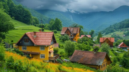 Idyllic countryside house amidst rolling green hills at sunset