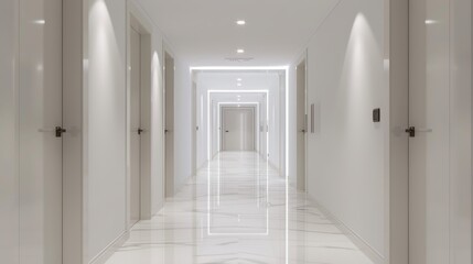 Fototapeta premium Modern apartment corridor with white walls, sleek doors, and minimalistic design, showcasing a clean and contemporary aesthetic