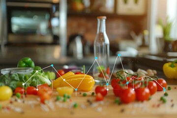 Colorful fresh vegetables on a kitchen counter with data analytics overlay, emphasizing healthy eating and modern technology.