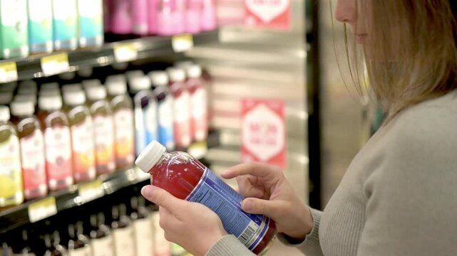 A woman examining a bottled beverage on a grocery store shelf, focusing on product selection and comparison. High quality 4k footage