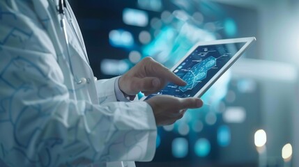 Doctor Using a Tablet with Digital Overlay for Medical Analysis