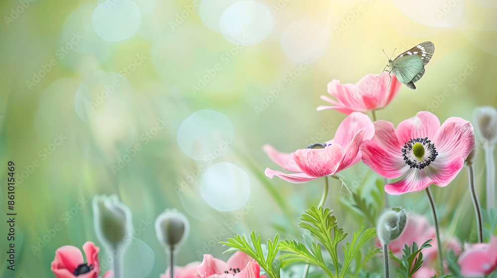 Poster beautiful pink flower anemones fresh spring morning on nature and fluttering butterfly on soft green