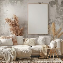 A modern living room interior features a comfortable white couch, a blank poster frame, and decorative pampas grass