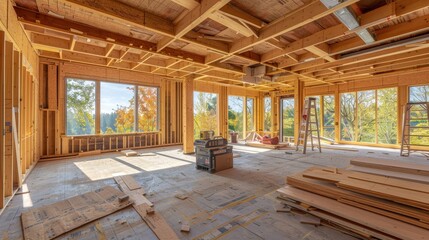Fototapeta premium Interior of a house under construction with wooden beams