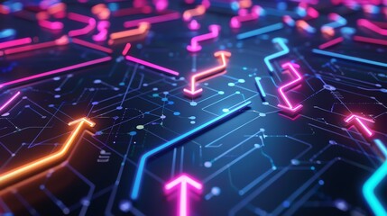 Fototapeta premium Background close up photorealistic Arrows and Flow Lines Connecting network , glow colors, neon color, long exposure, banner 16:9