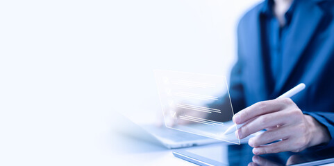 businessman signs used signature in document electronic, the transaction business on a laptop. concept of form agreement smart contract agreement bank on technology digital online