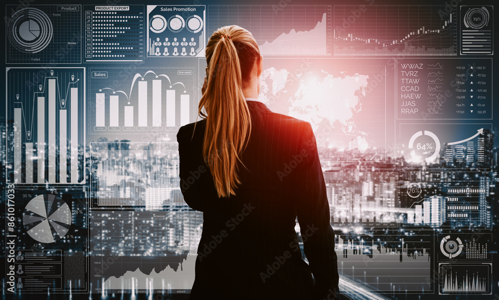 Poster data analysis for business and finance concept. interface showing future computer technology of prof
