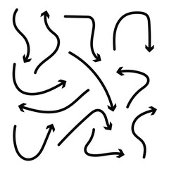 Clean dot style hand drawn doodle arrows set. Curve Dotted line arrow set. Set of dotted hand drawn doddle arrows isolated on white background in eps 10.