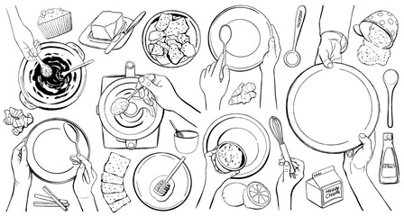 Outline of chef hands isolated on white background. Female hands holding kitchen utensils. Plate, spatula, blender, spoon, fork, flour, salt, butter, cookies, milk, cream, honey and other products for