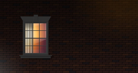 window  light illumination brick house facade wall night copy space vector illustration